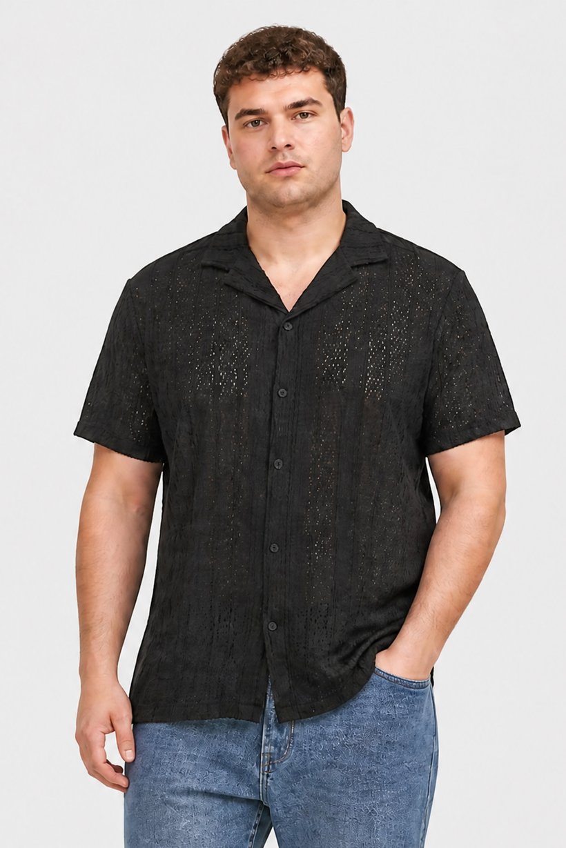 Men Regular Fit Textured Short Sleeve Casual Shirt, Black