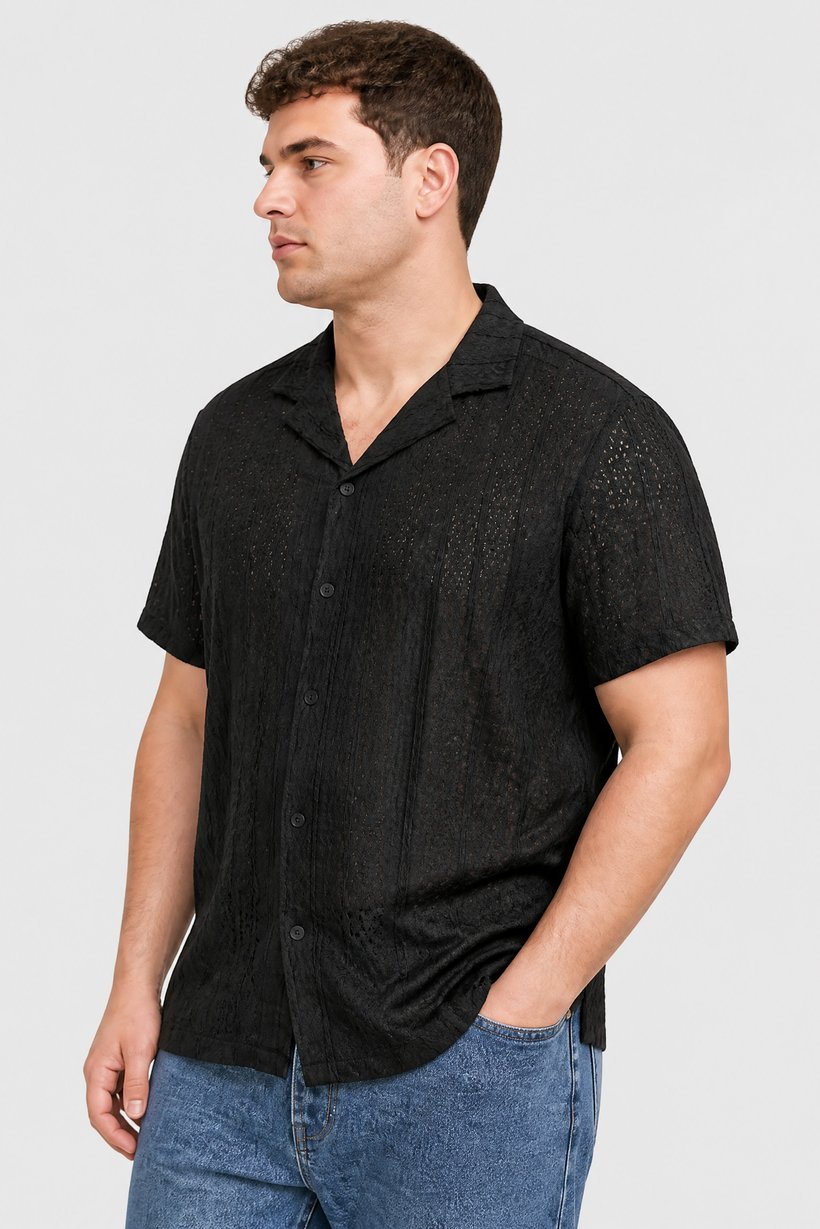 Men Regular Fit Textured Short Sleeve Casual Shirt, Black
