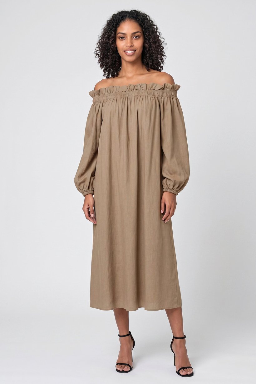 Women Textured Off Shoulder Midi Dress, Tan