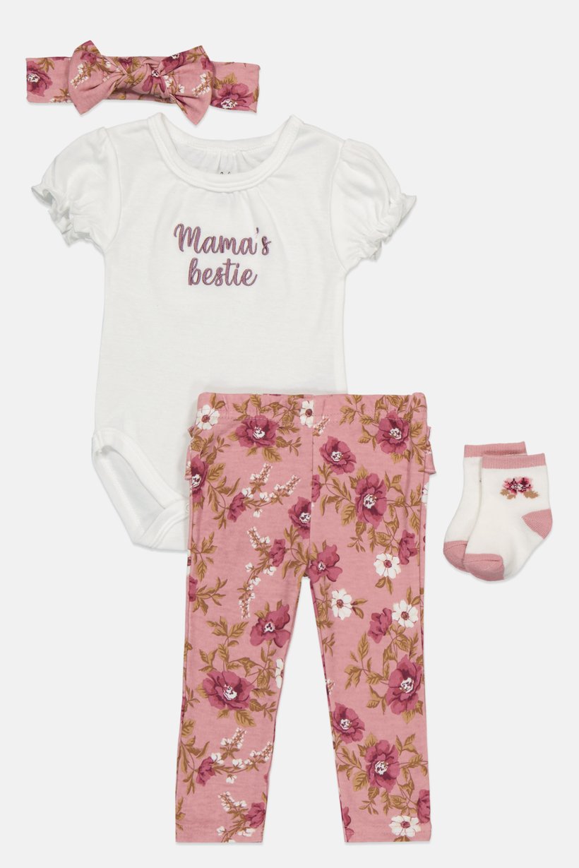 Toddlers Girl 4 Pcs Embroidered Bodysuit And Pants With Headband And Socks Set, Multicolor