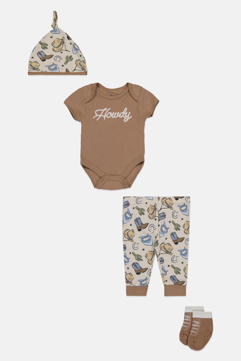Toddlers Boy 4 Pcs Embroidered Bodysuit And Pants With Beanie And Socks Set, Multicolor