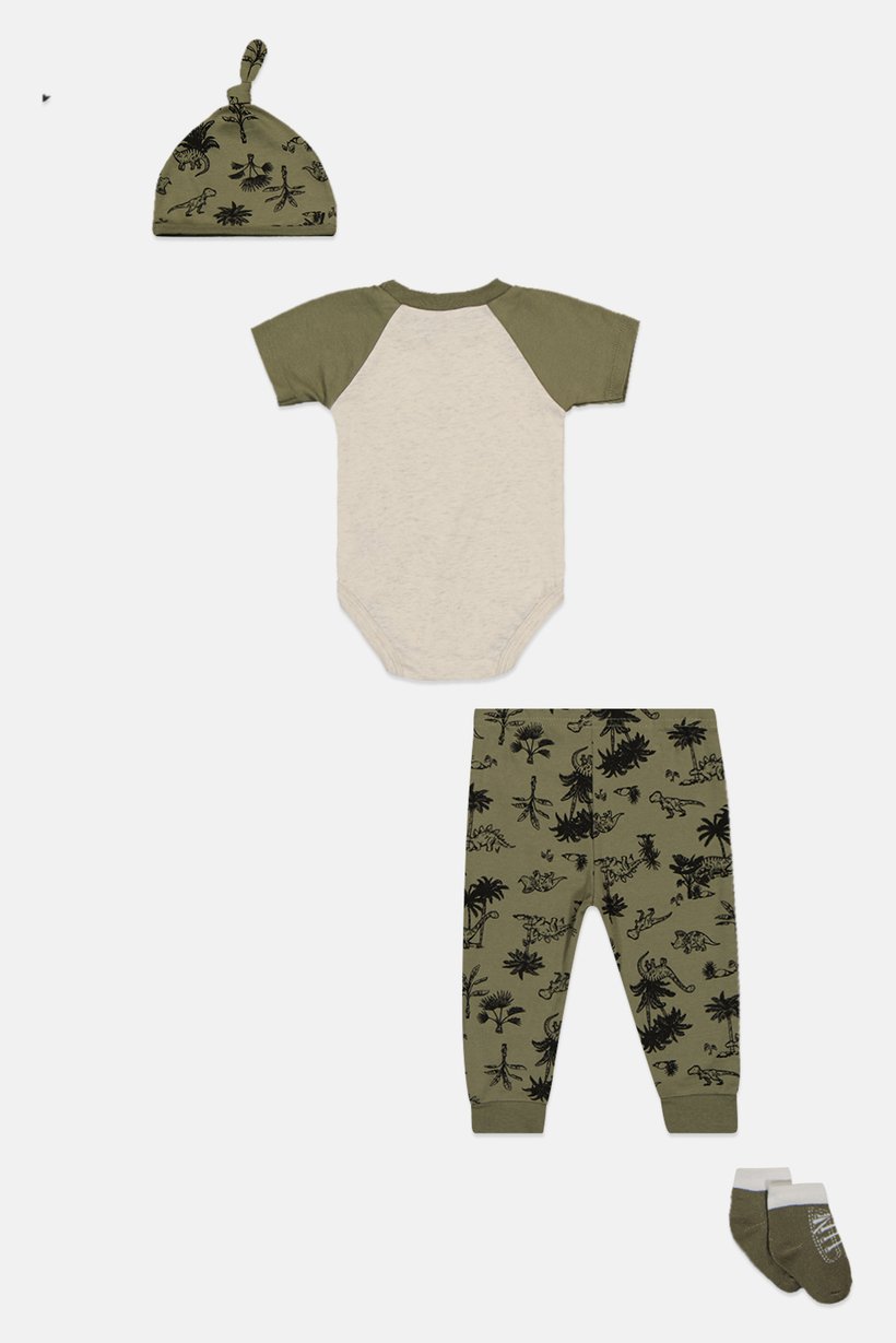 Toddlers Boy 4 Pcs Graphic Print Bodysuit And Pants With Beanie And Socks Set, Multicolor