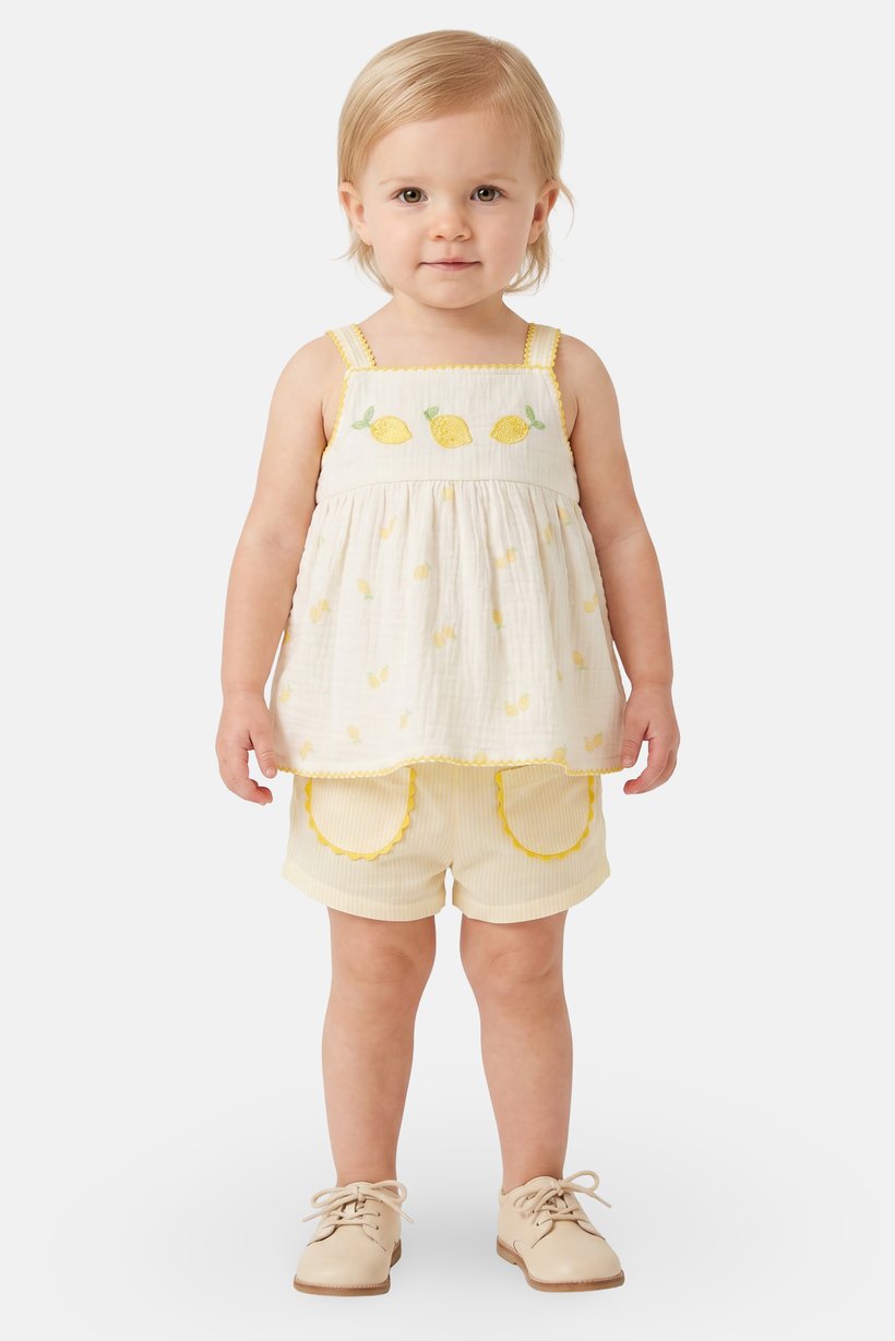 Toddlers Girl 2 Pcs Embroidered Top And Shorts Set, Yellow