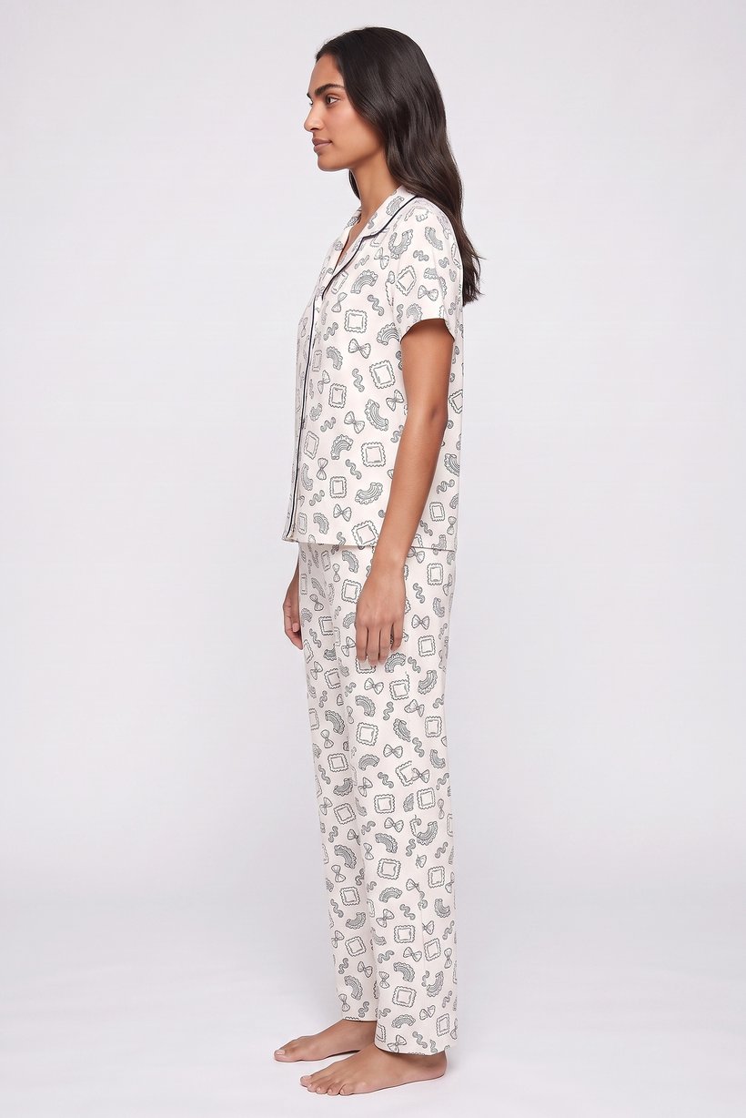 Women 2 Pcs Short Sleeve Allover Print Top And Pants Pyjama Set, Multicolor