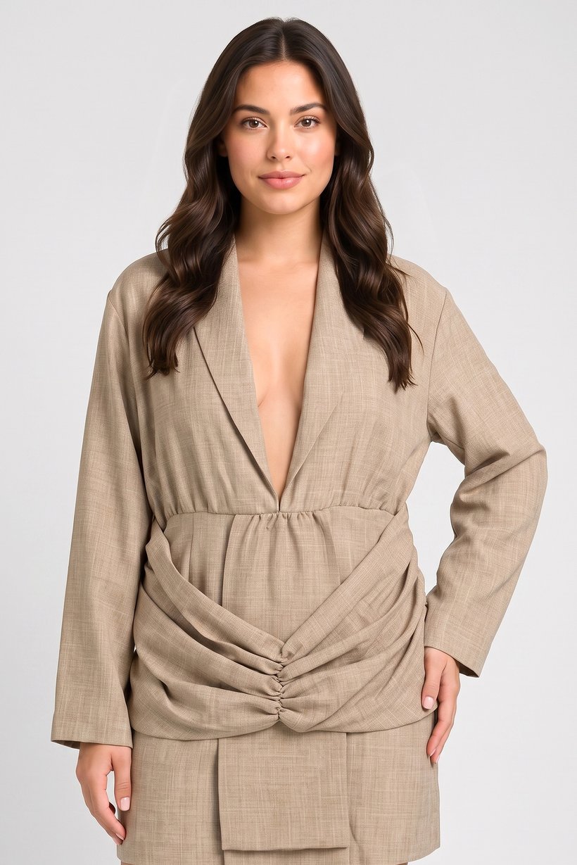 Women Plus Size Textured Plunge Blazer Dress, Dark Beige