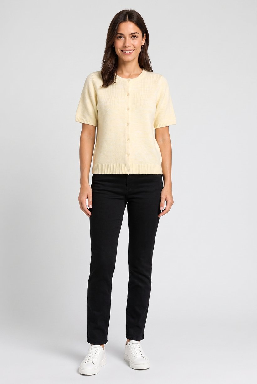 Women Crew Neck Short Sleeve Knitted Cardigan, Yellow