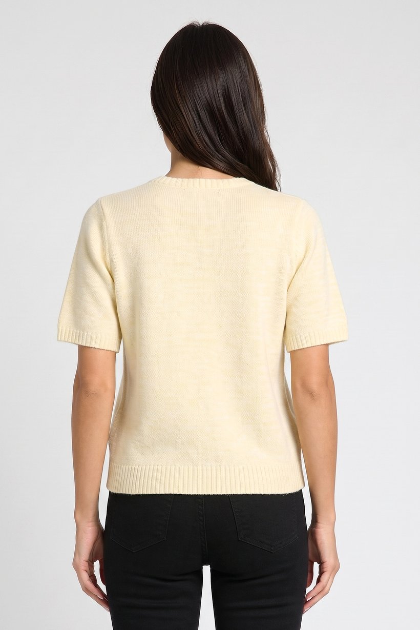 Women Crew Neck Short Sleeve Knitted Cardigan, Yellow