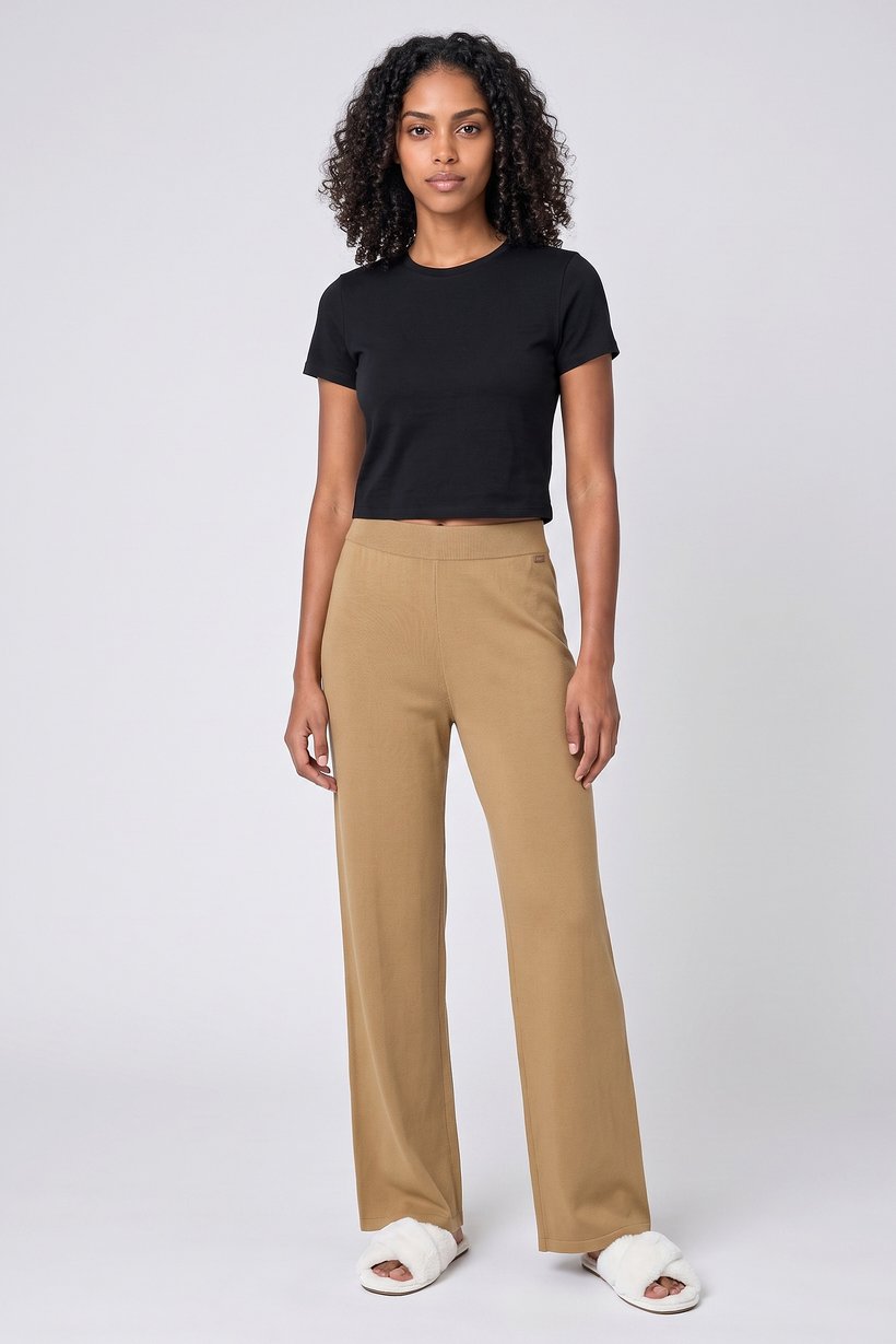 Women Pull On Knitted Sleepwear Pants, Tan