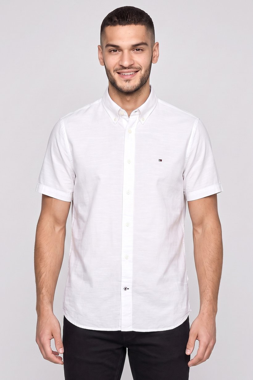 Men Regular Fit Short Sleeve Embroidered Logo Casual Shirt, White