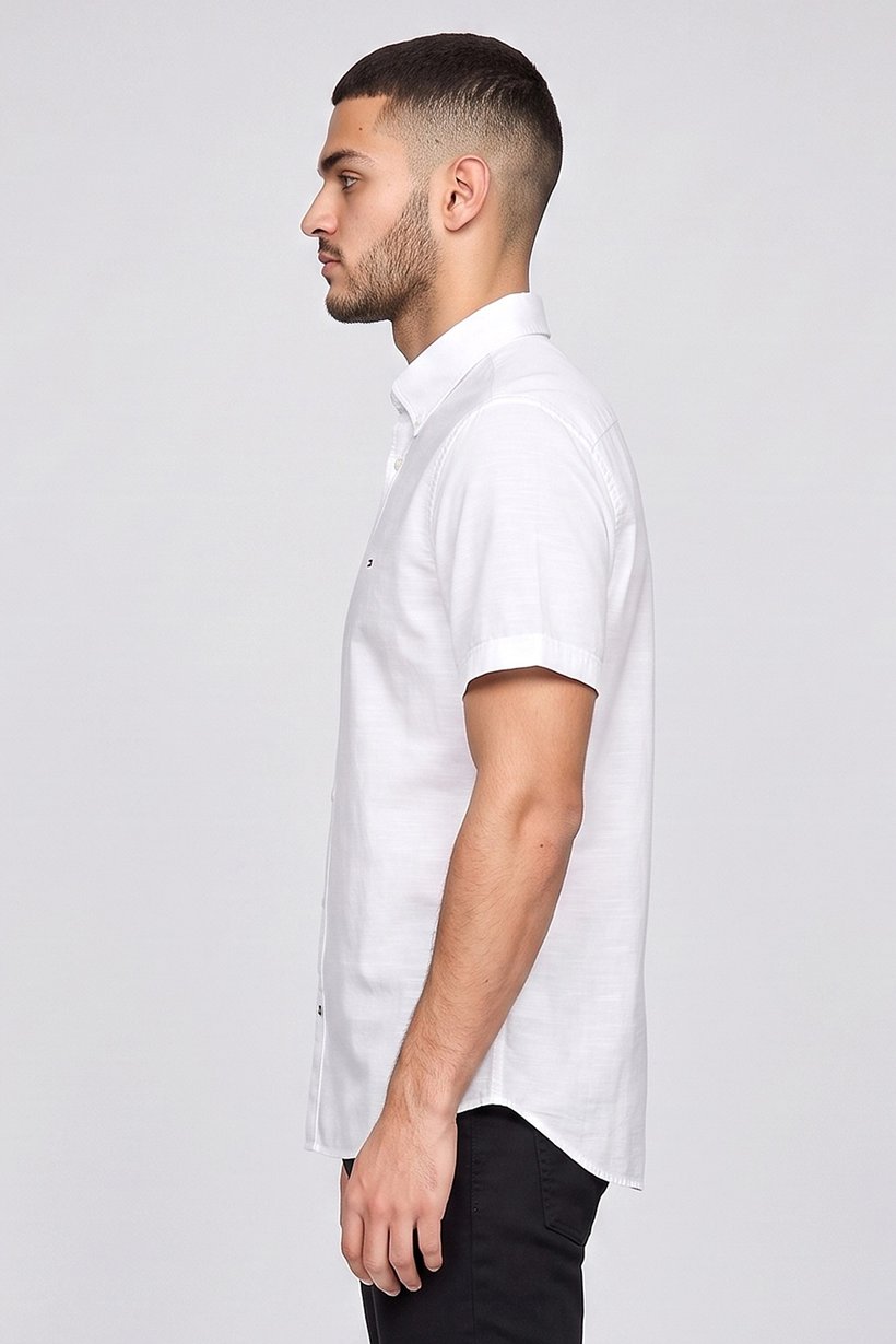 Men Regular Fit Short Sleeve Embroidered Logo Casual Shirt, White