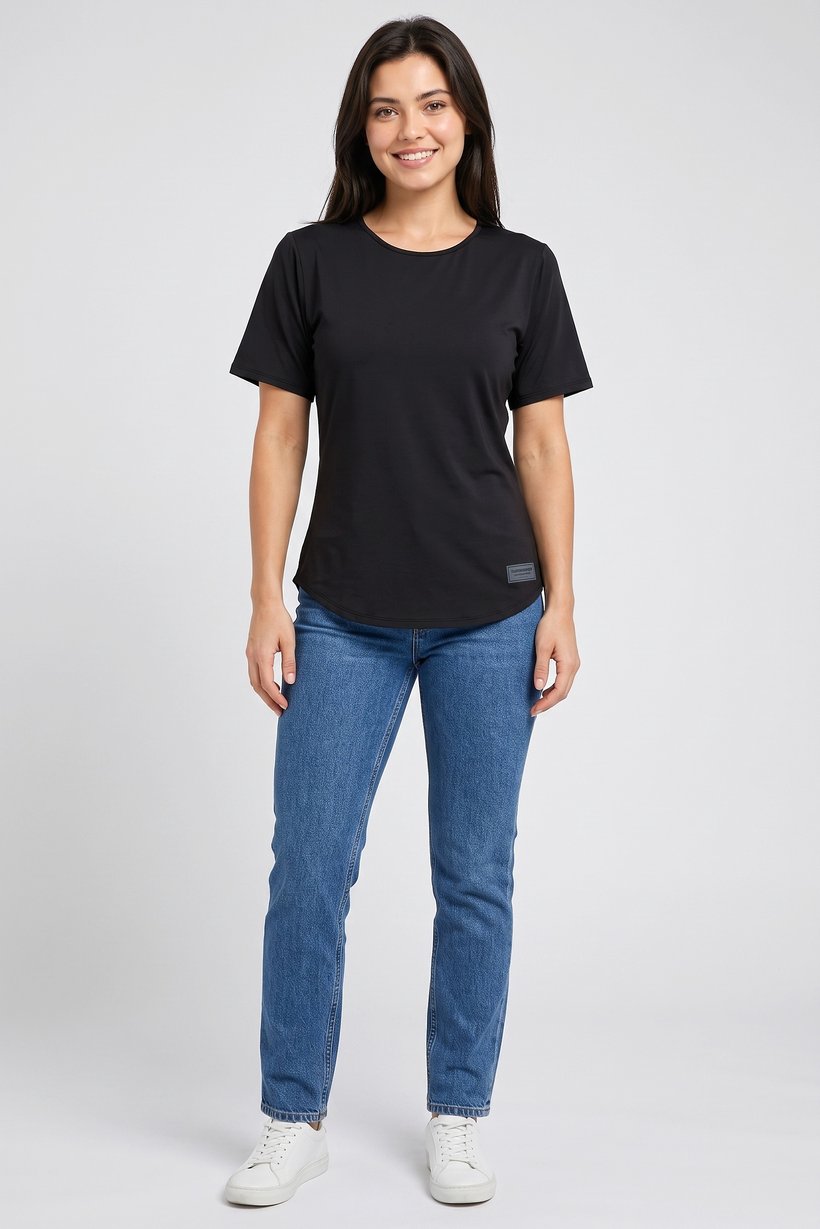Women Round Neck Short Sleeve Brand Logo T-Shirt, Black