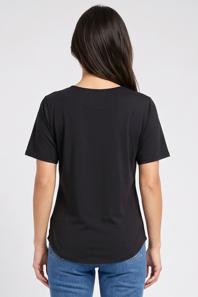 Women Round Neck Short Sleeve Brand Logo T-Shirt, Black