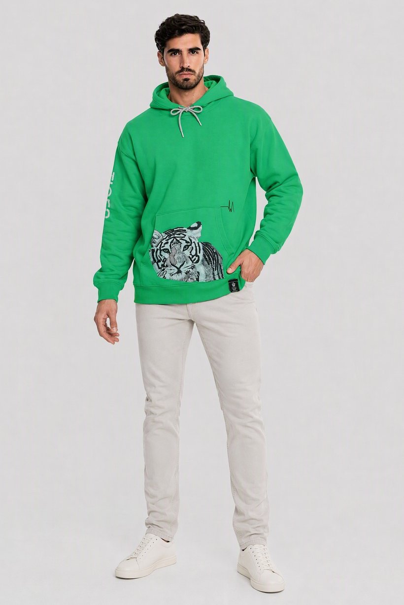Men Graphic Print Long Sleeve Hoodie, Green