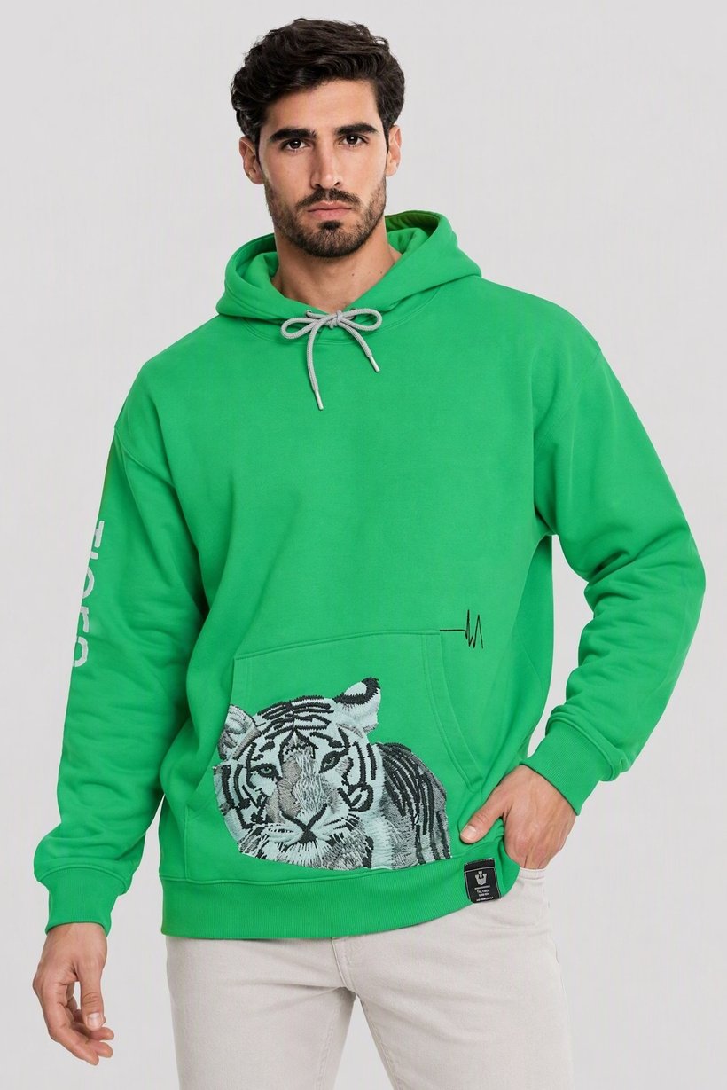 Men Graphic Print Long Sleeve Hoodie, Green