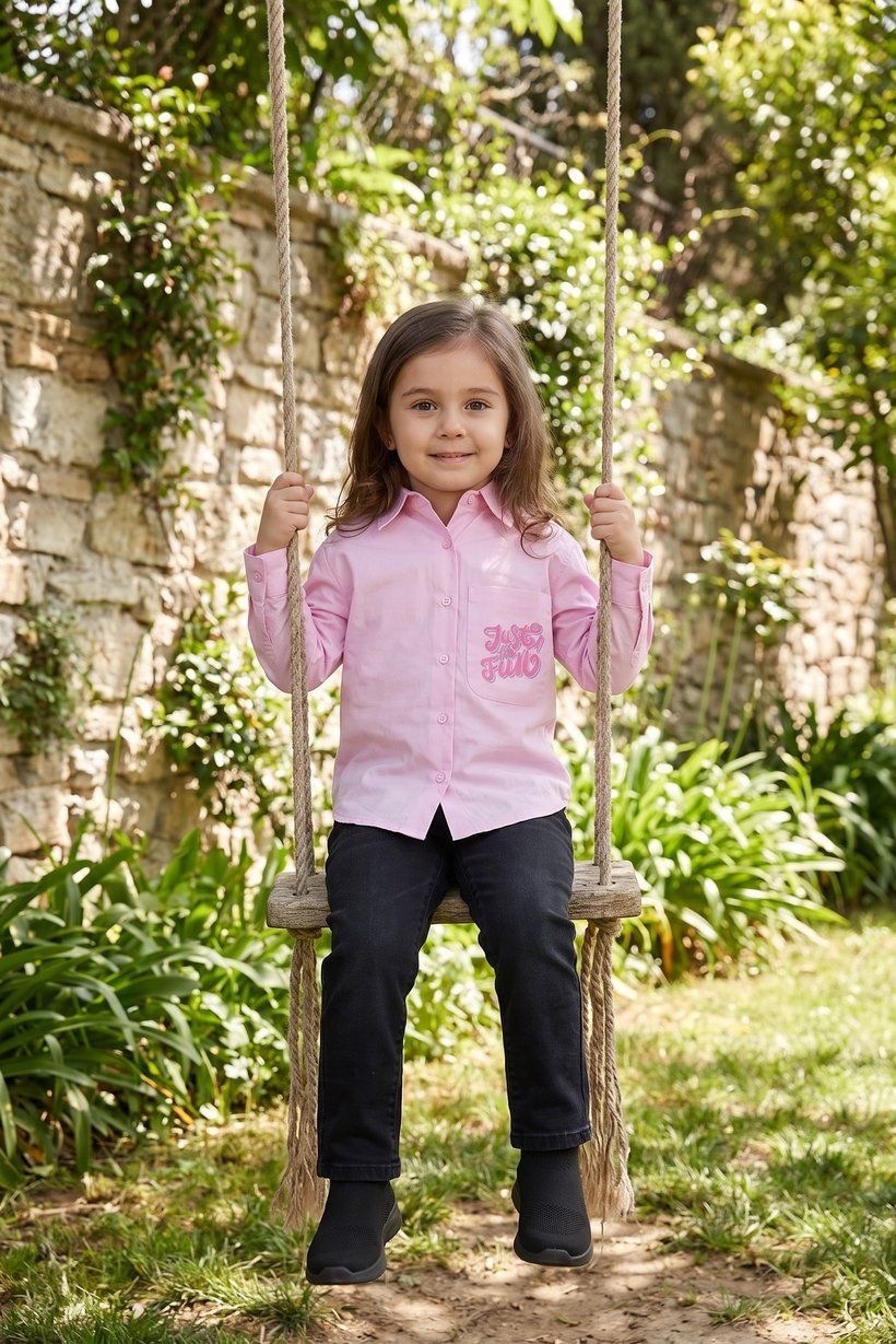 Toddlers Girl Spread Collar Long Sleeve Graphic Print Shirt, Pink