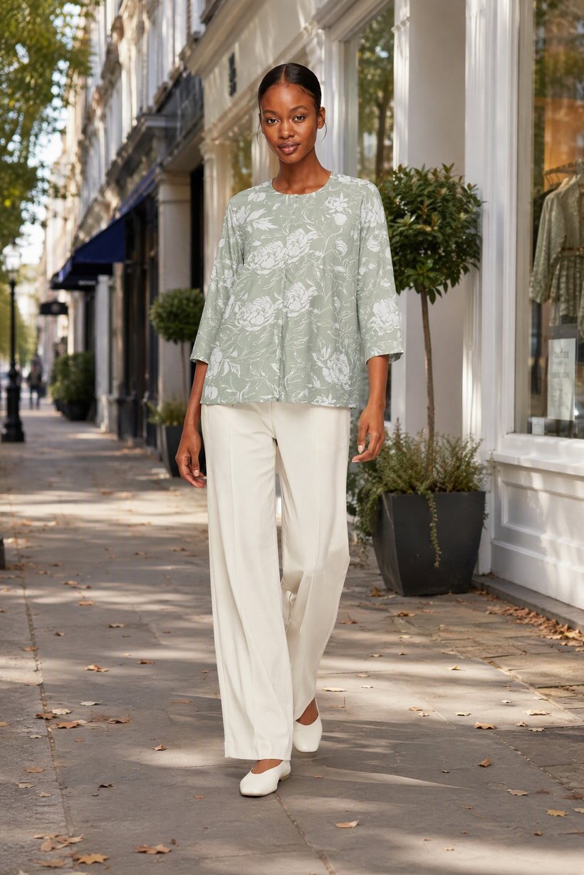 Women 2 Pcs Floral Print 3/4 Sleeve Blouse And Pants Set, Multicolor