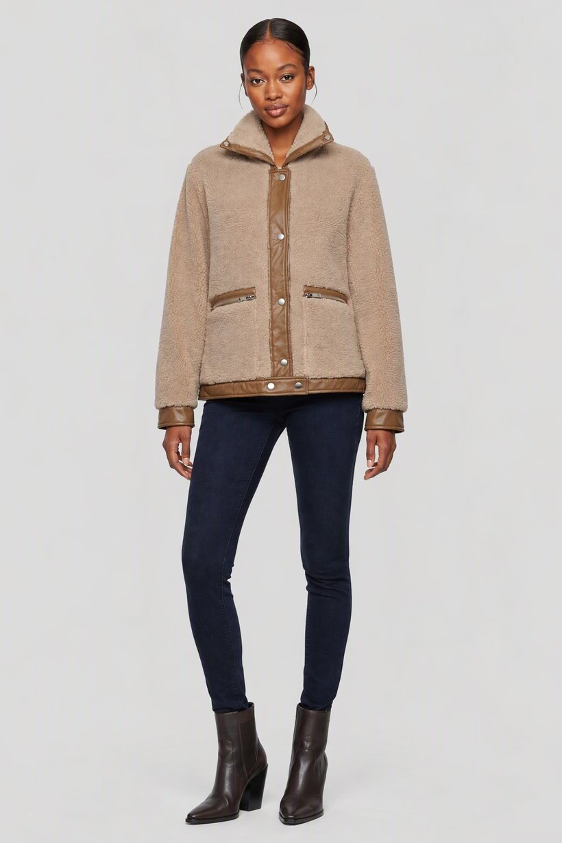 Women Textured Sherpa Jacket, Tan