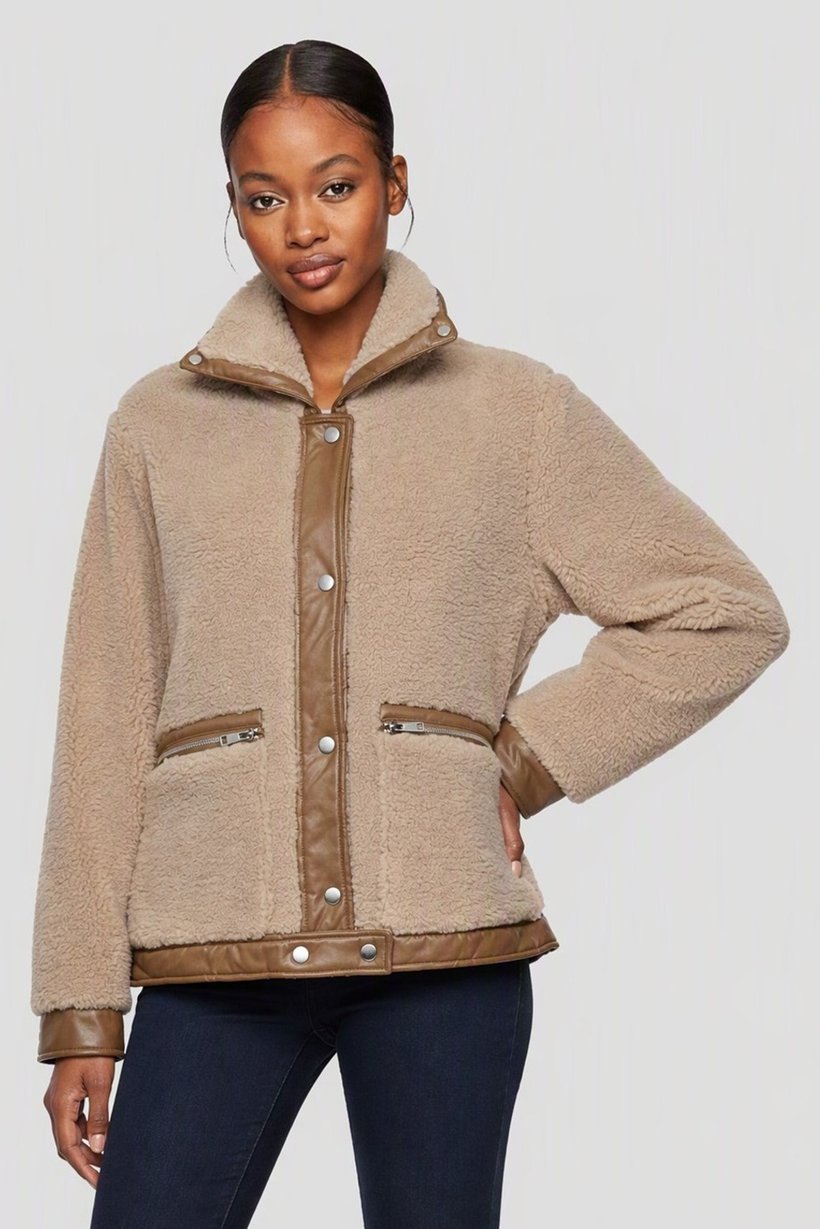 Women Textured Sherpa Jacket, Tan