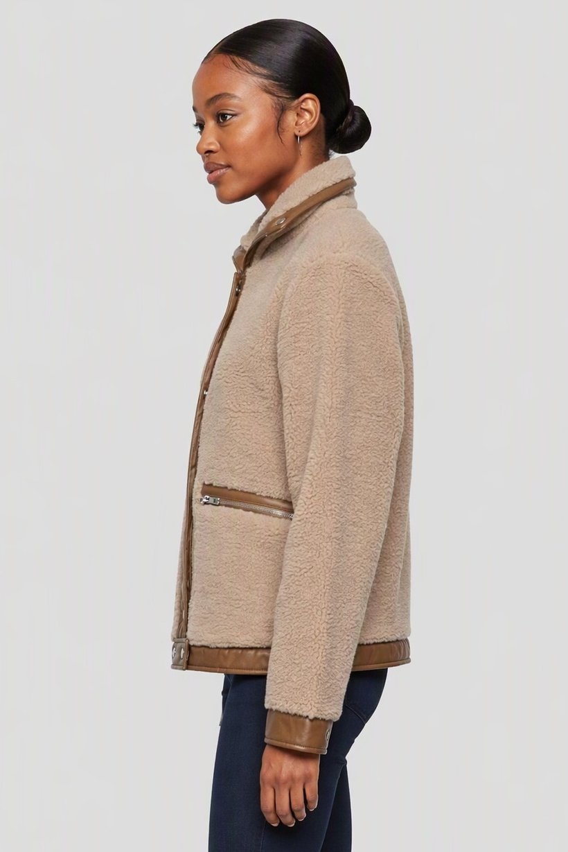 Women Textured Sherpa Jacket, Tan