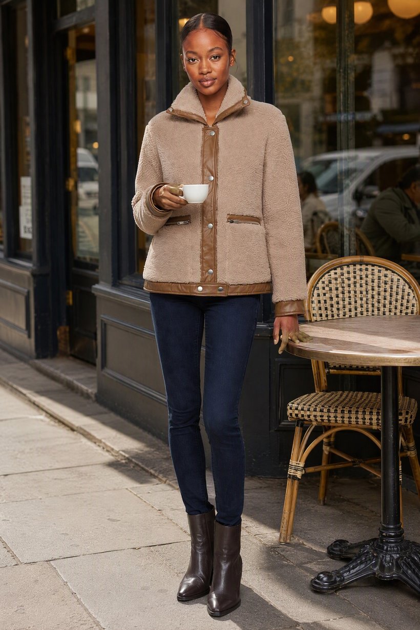 Women Textured Sherpa Jacket, Tan