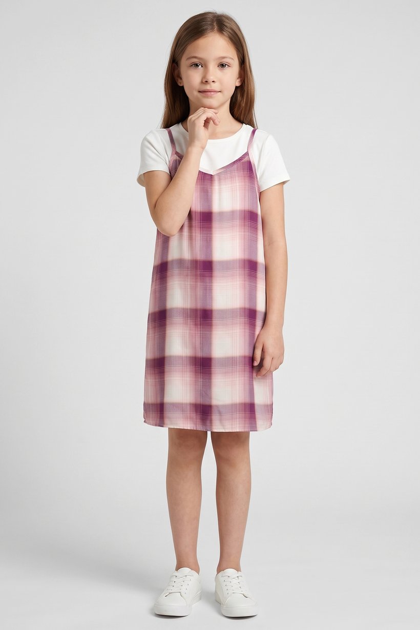 Kids Girl 2 Pieces Checkered Dress And T-Shirt Set, Multicolor