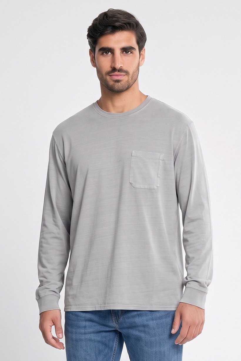 Men Tall Fit Crew Neck Long Sleeves Textured T-shirt, Light Grey