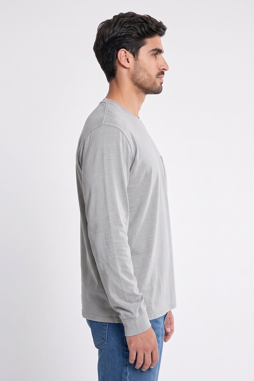 Men Tall Fit Crew Neck Long Sleeves Textured T-shirt, Light Grey