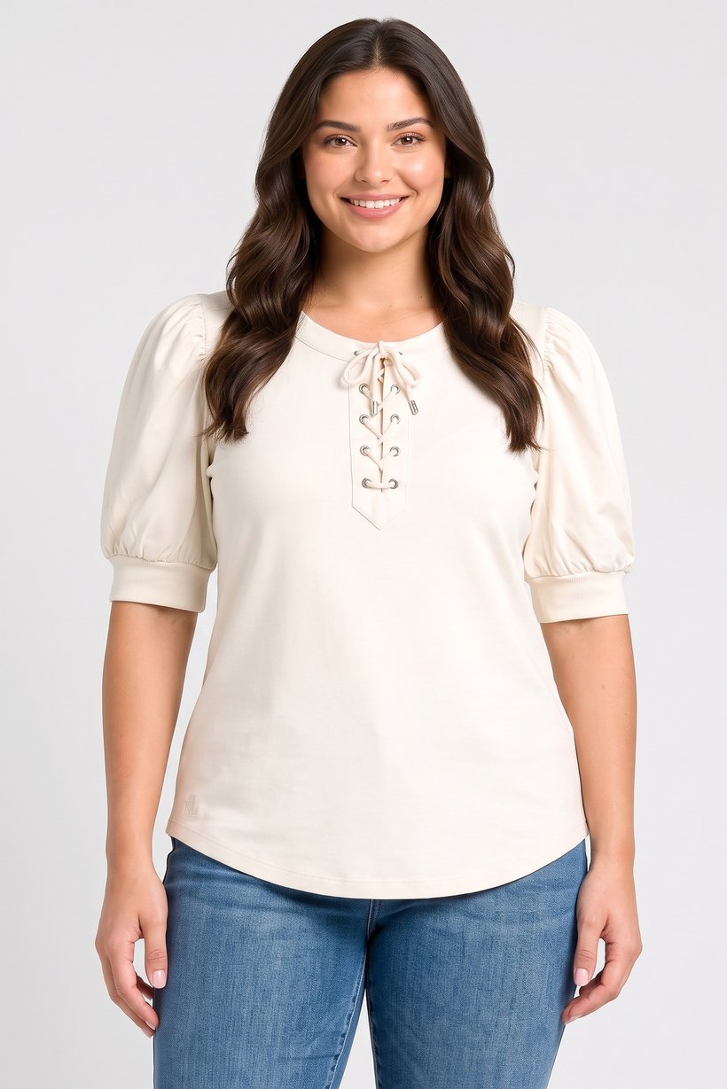 Lauren by Ralph Lauren Women Petite Puffed Sleeve Plain Top, Light Beige