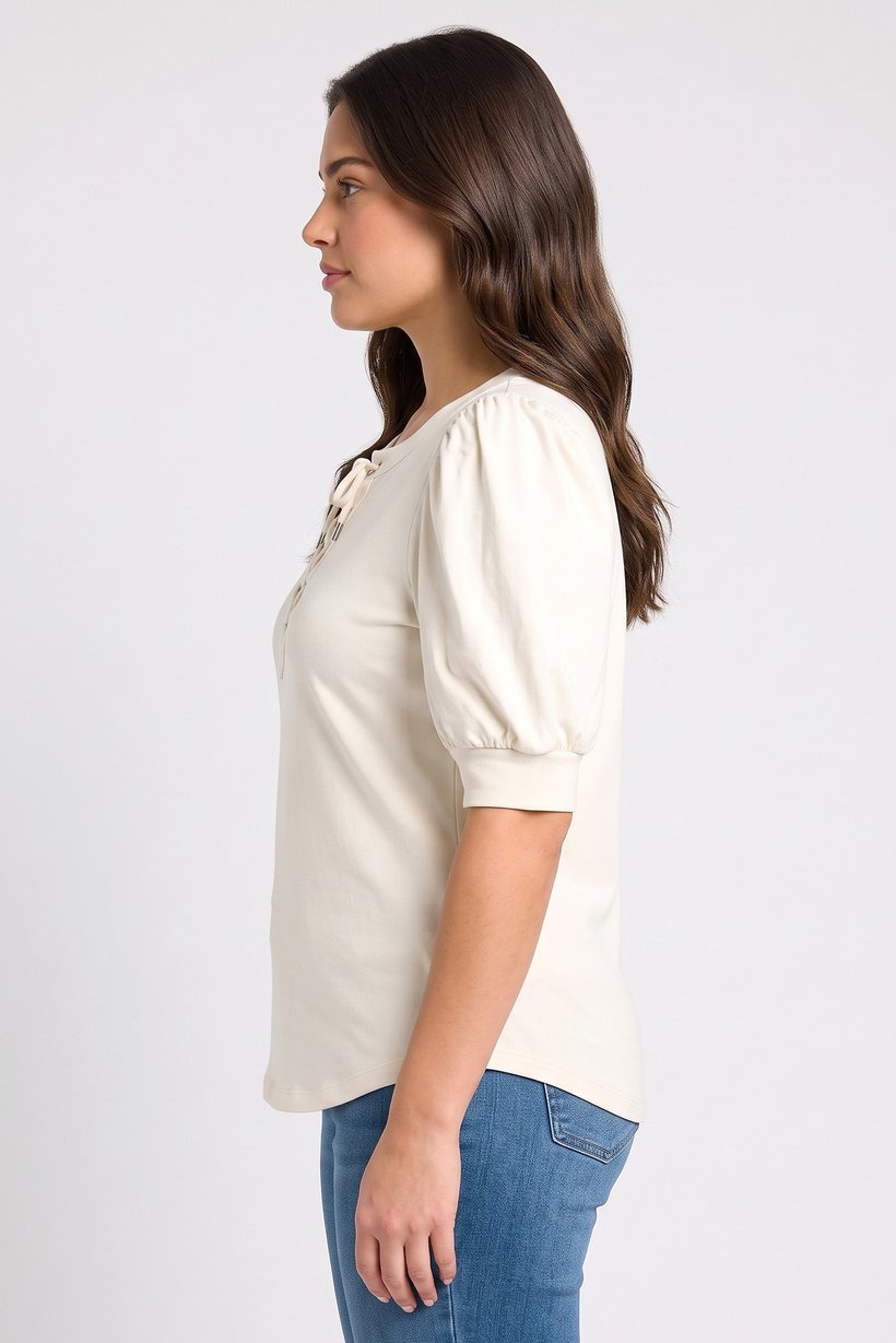 Lauren by Ralph Lauren Women Petite Puffed Sleeve Plain Top, Light Beige