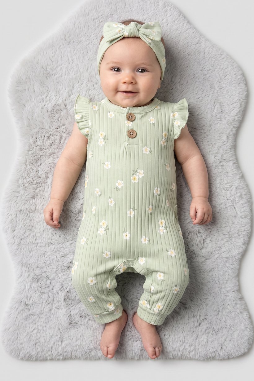 Toddlers Girl 2 Pcs Floral Print Rompers With Headband Set, Sage Green