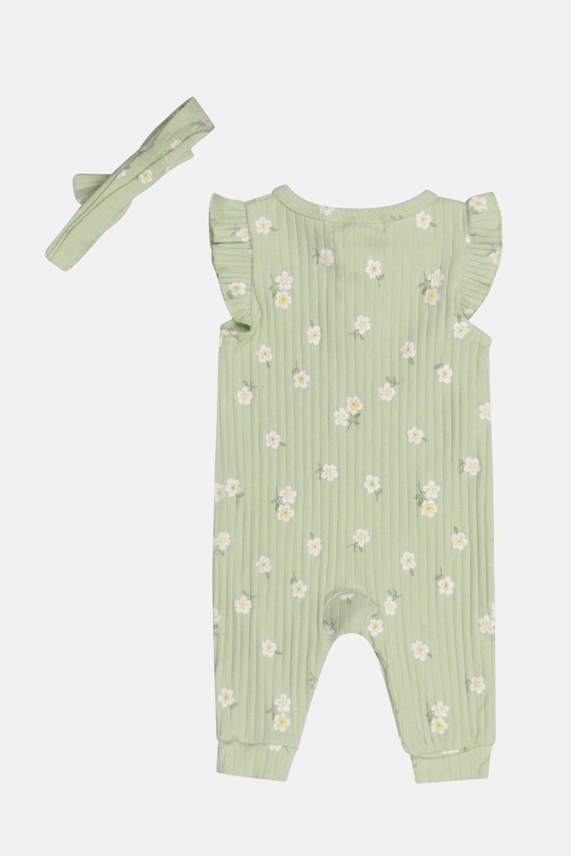 Toddlers Girl 2 Pcs Floral Print Rompers With Headband Set, Sage Green
