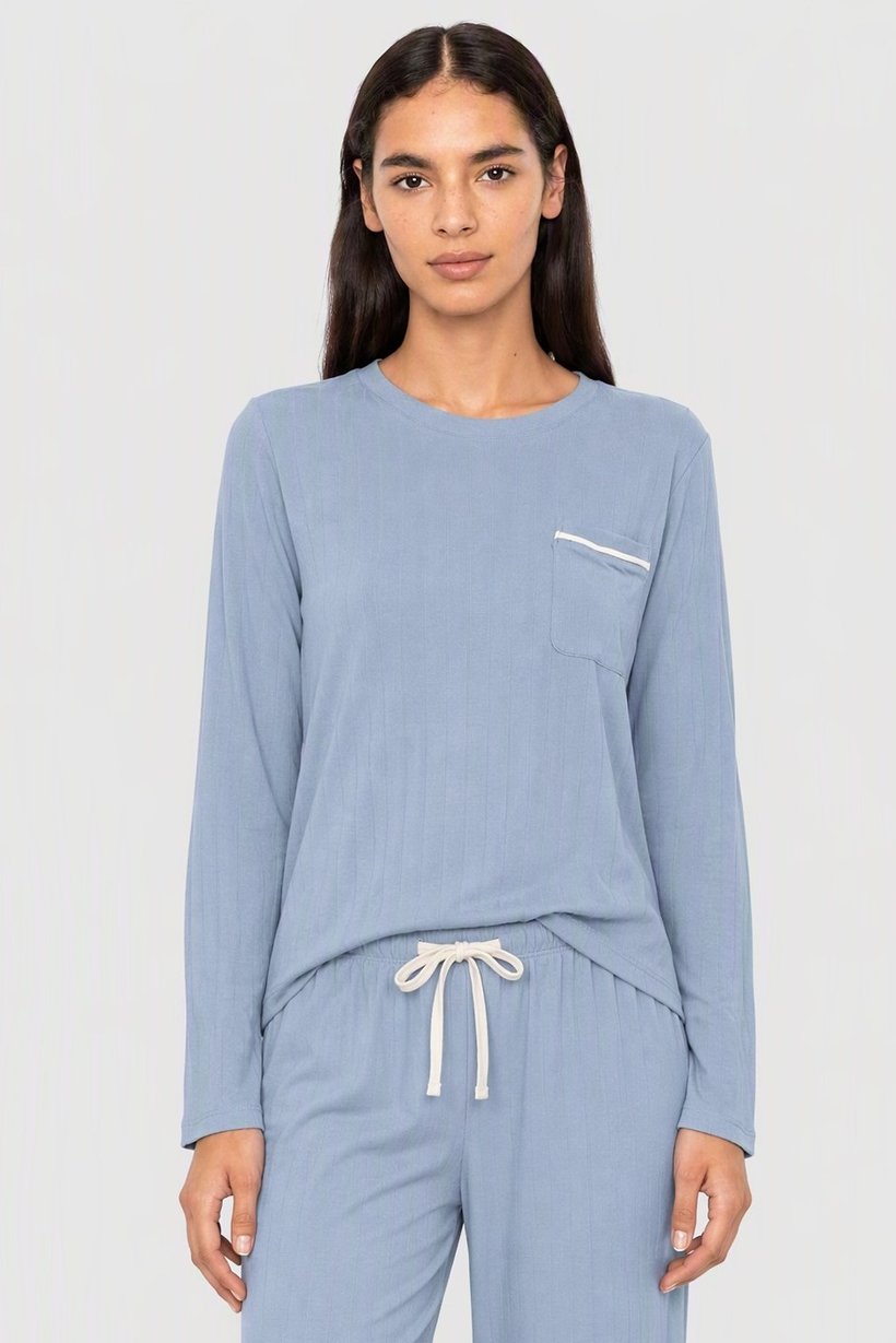 Women 2 Pieces Textured Long Sleeve Pajama Set, Dusty Blue
