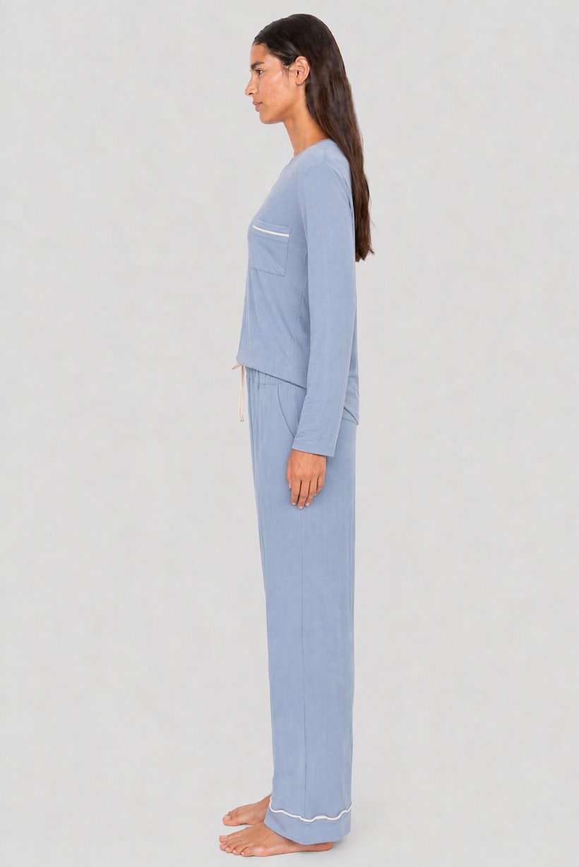 Women 2 Pieces Textured Long Sleeve Pajama Set, Dusty Blue