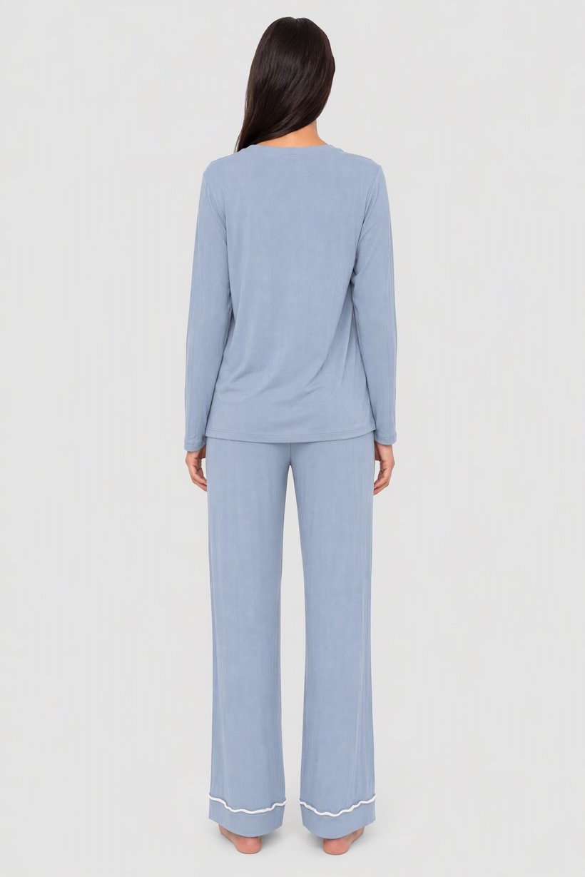 Women 2 Pieces Textured Long Sleeve Pajama Set, Dusty Blue