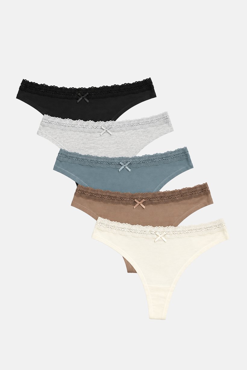 Women 5 Pieces Textured Thongs Panties, Multicolor
