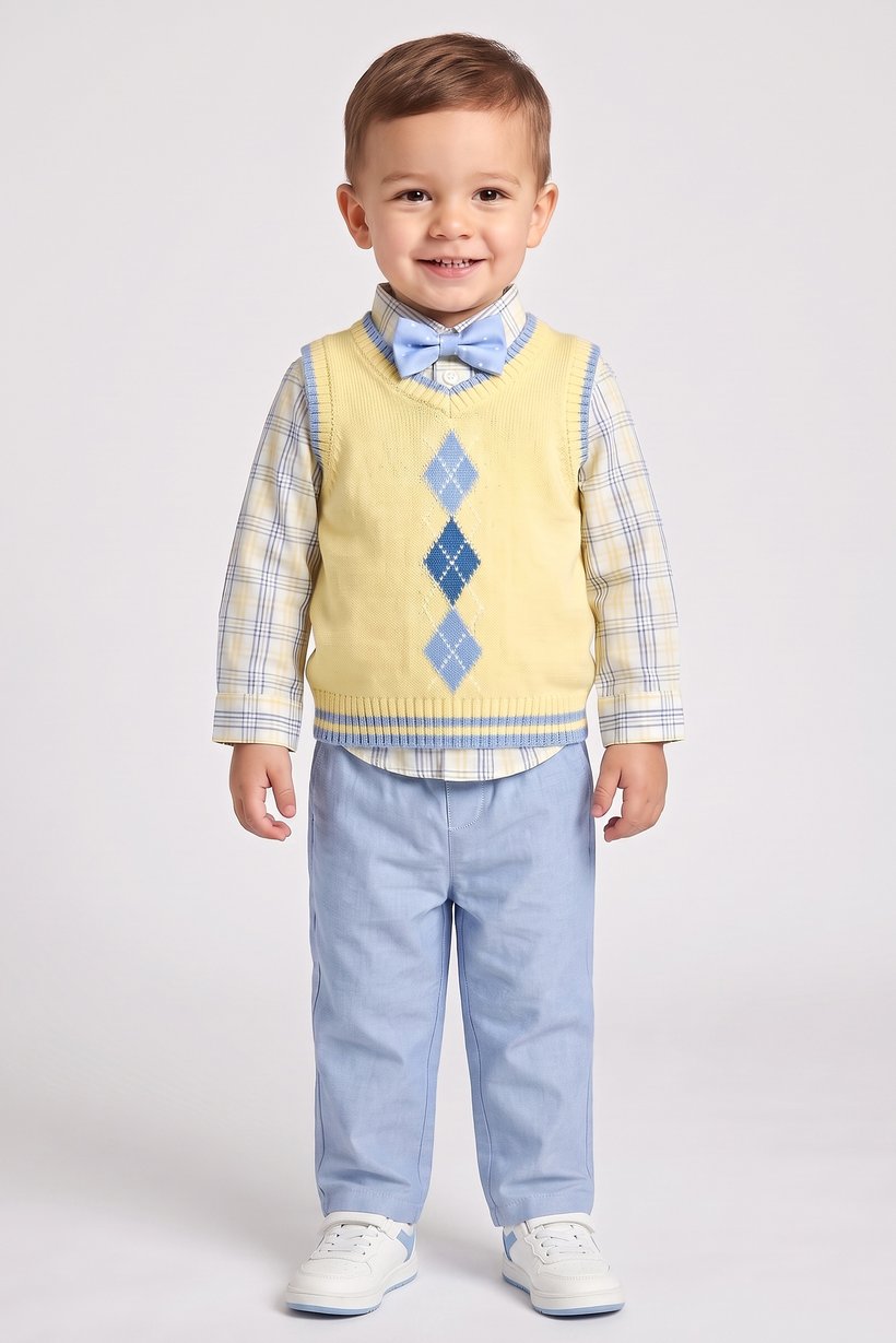 Toddlers Boy 4 Pcs Checkered Shirt And Pants With Bow Tie Vest Set, Multicolor
