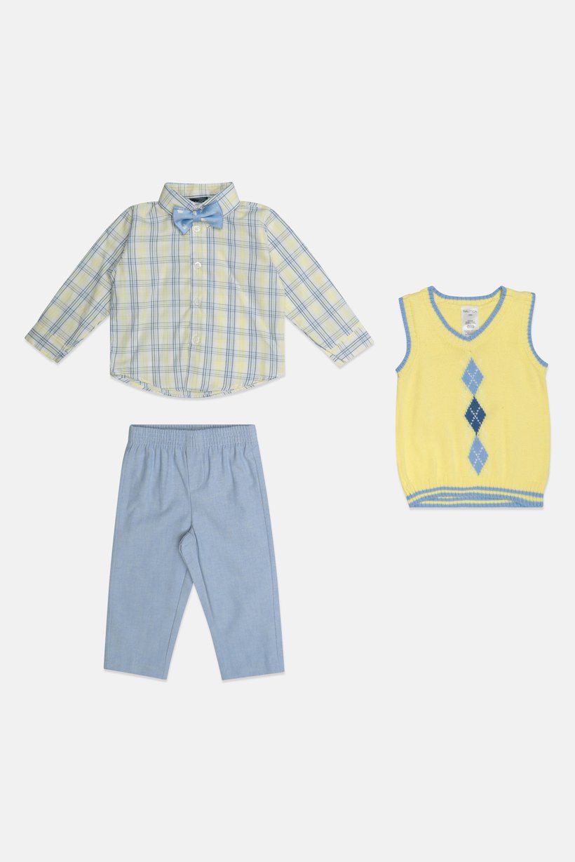 Toddlers Boy 4 Pcs Checkered Shirt And Pants With Bow Tie Vest Set, Multicolor