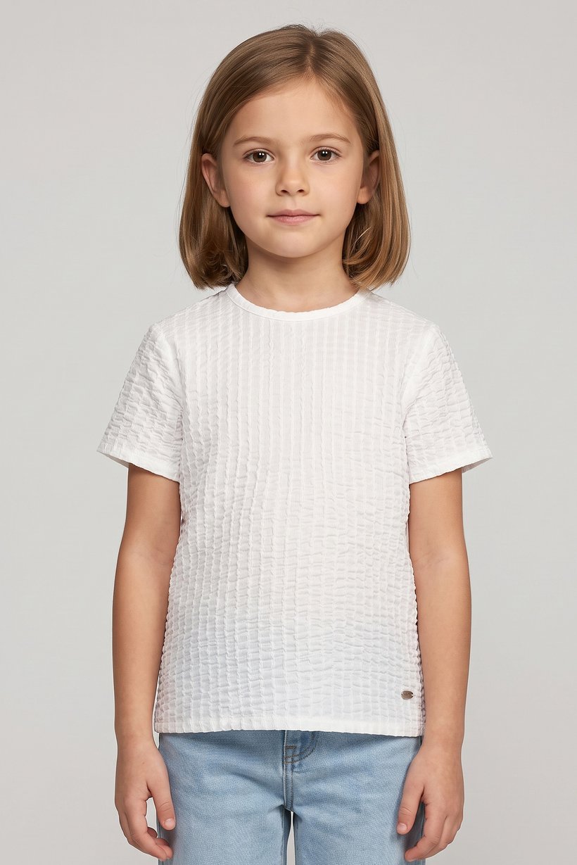 Kids Girl Crew Neck Short Sleeve Textured Top, White