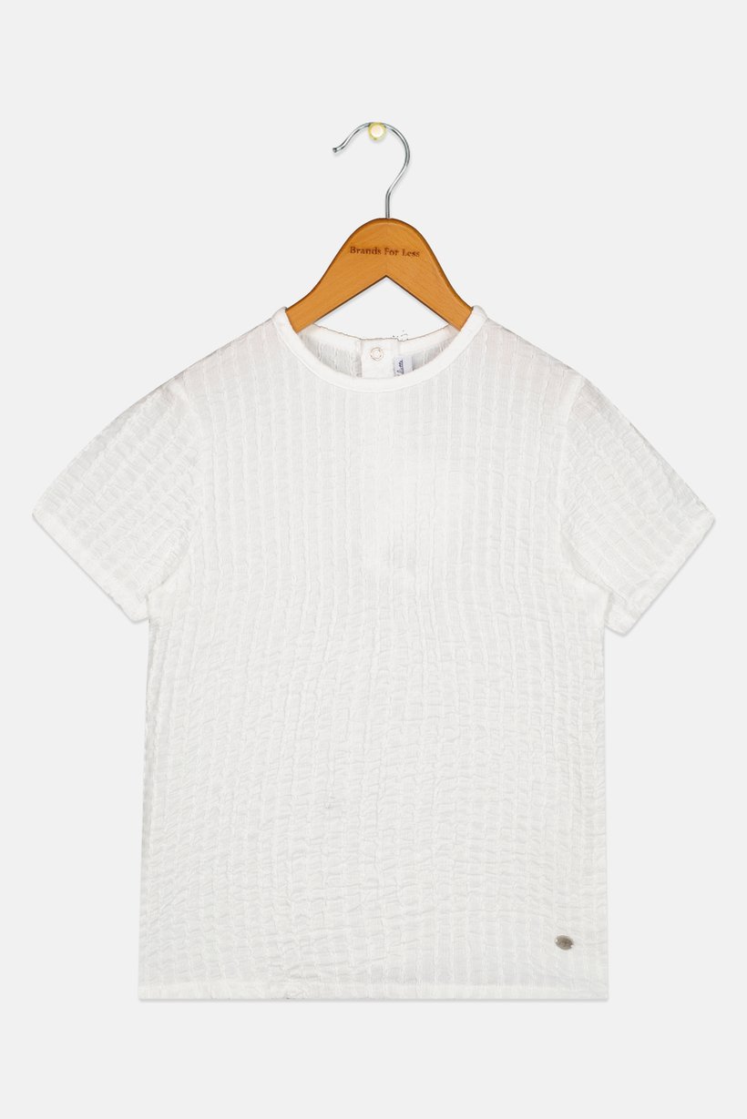 Kids Girl Crew Neck Short Sleeve Textured Top, White