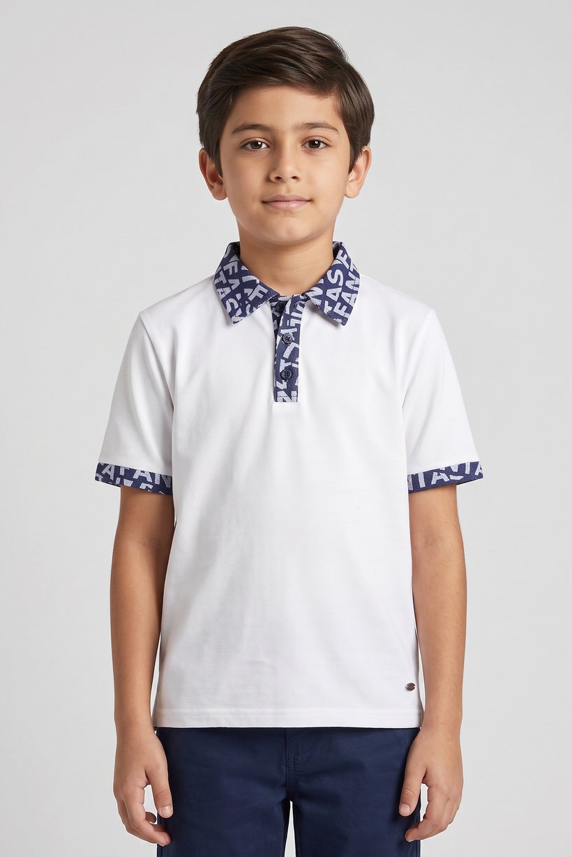 Kids Boy Graphic Print Short Sleeve Polo Shirt, White