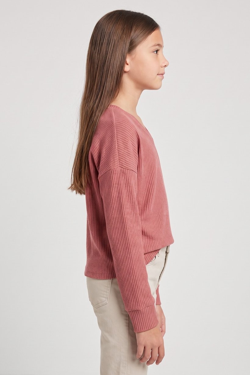 Kids Girl V Neck Textured Long Sleeves Sweater, Rust