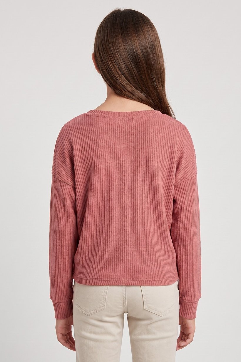 Kids Girl V Neck Textured Long Sleeves Sweater, Rust