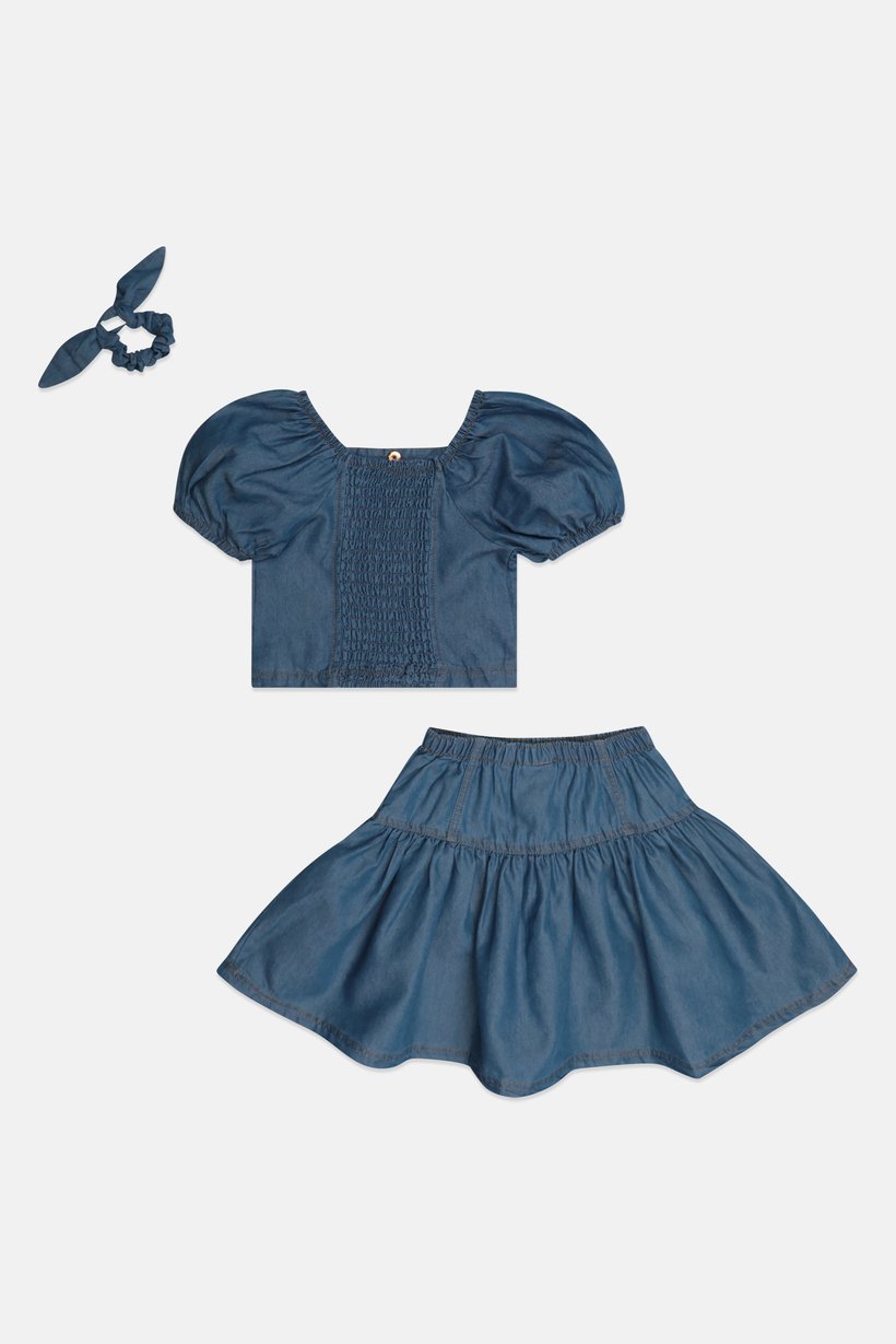 Toddlers Girl 3 Pieces Solid Top And Skirt Set With Headband, Blue