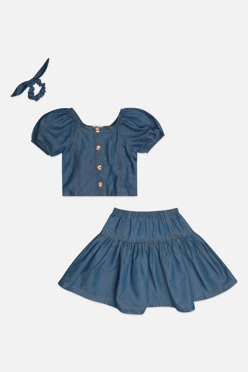 Toddlers Girl 3 Pieces Solid Top And Skirt Set With Headband, Blue
