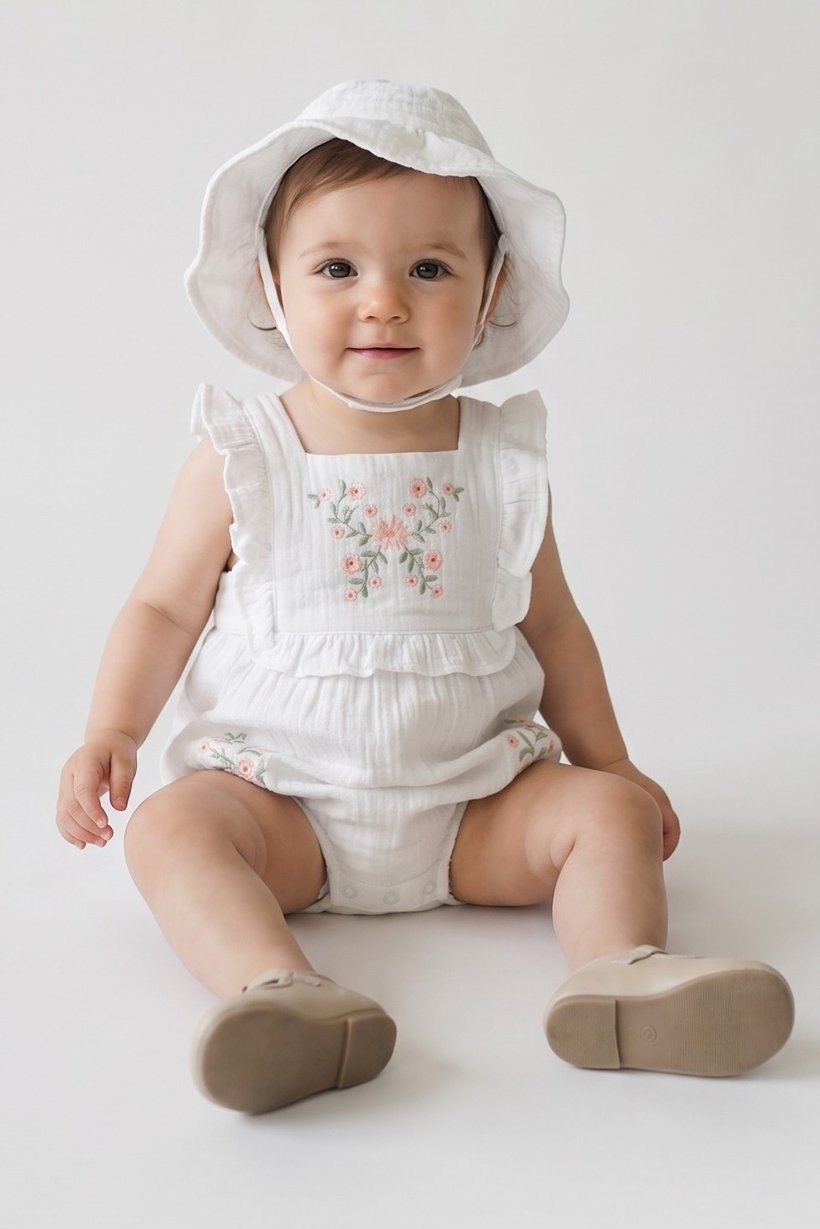 Toddlers Girl 2 Pieces Embroidered Bodysuits And Bucket Hat, White