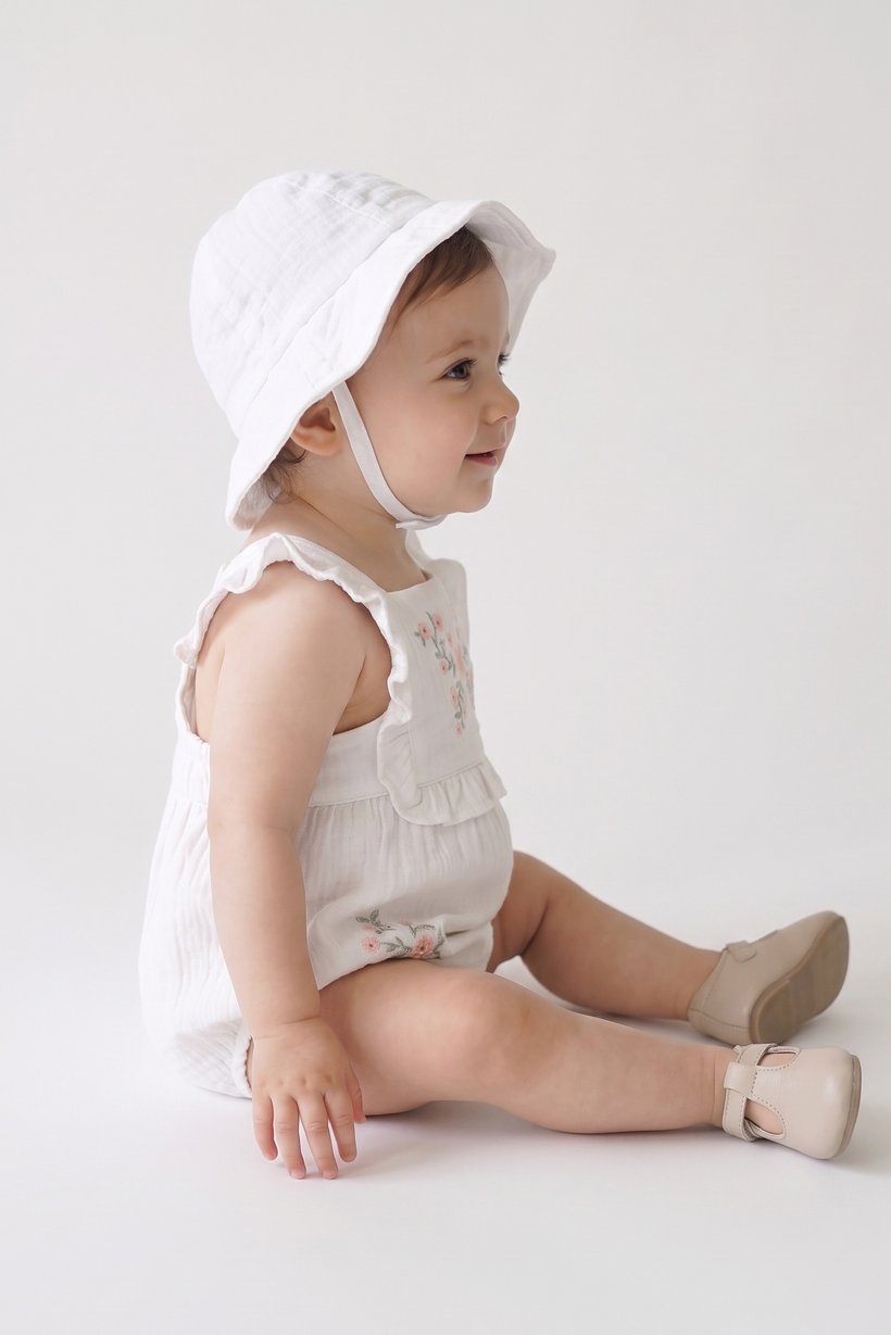 Toddlers Girl 2 Pieces Embroidered Bodysuits And Bucket Hat, White