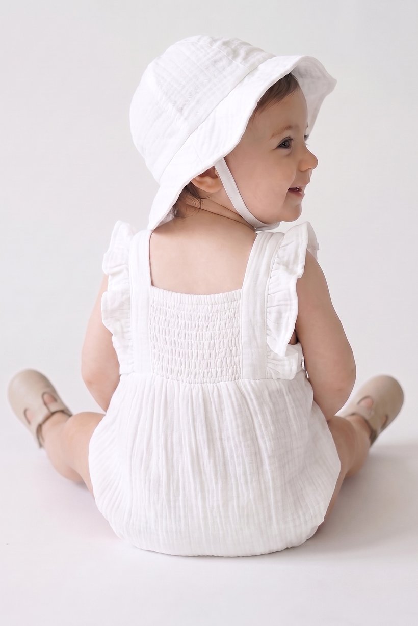 Toddlers Girl 2 Pieces Embroidered Bodysuits And Bucket Hat, White