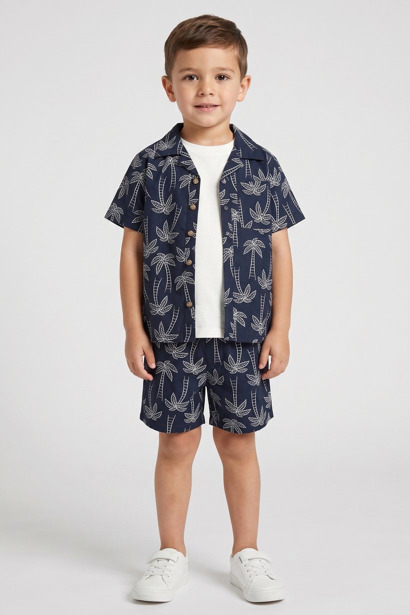 Toddlers Boy 3 Pcs Allover Print Shirts And Shorts With T-Shirt Set, Multicolor