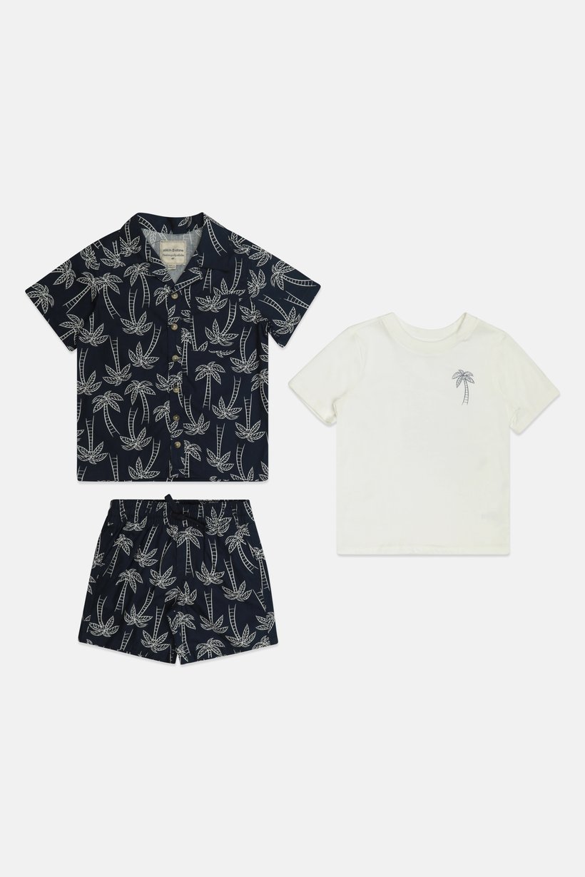 Toddlers Boy 3 Pcs Allover Print Shirts And Shorts With T-Shirt Set, Multicolor