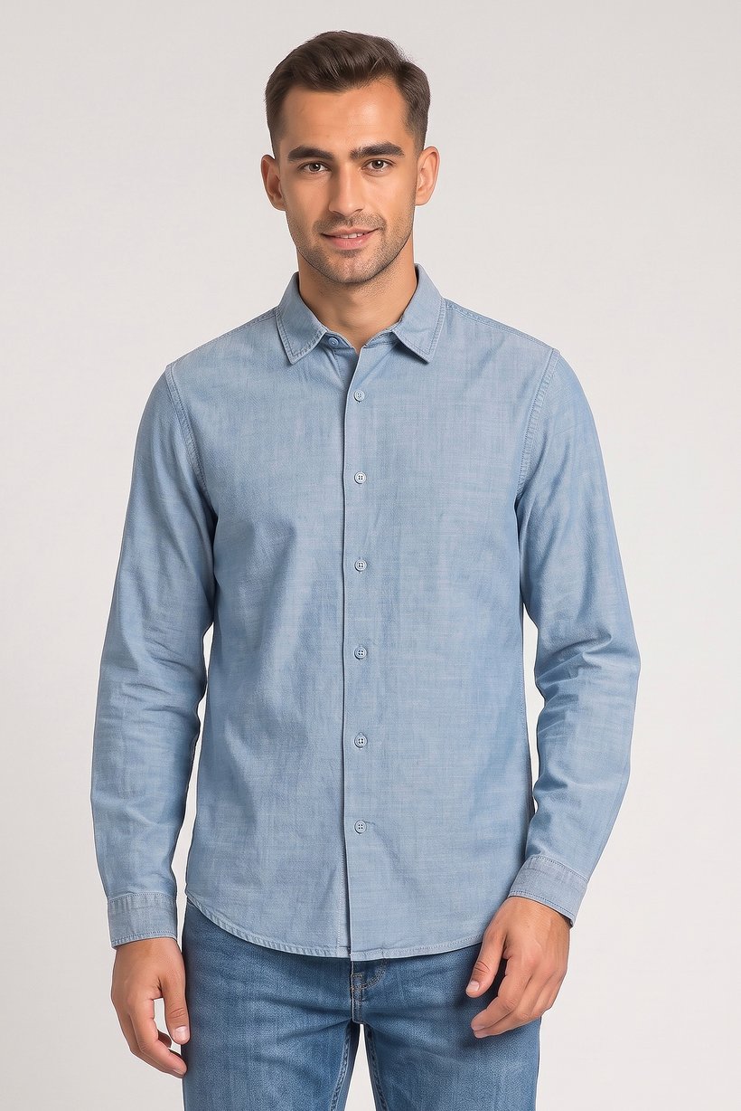 Men Regular Fit Long Sleeve Solid Casual Shirt, Denim Blue